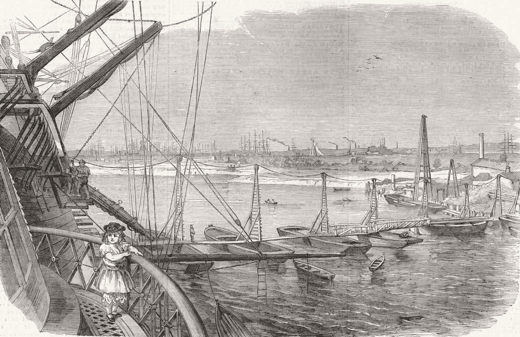 SHIPS. Taking Atlantic telegraph cable 1857 old antique vintage print picture